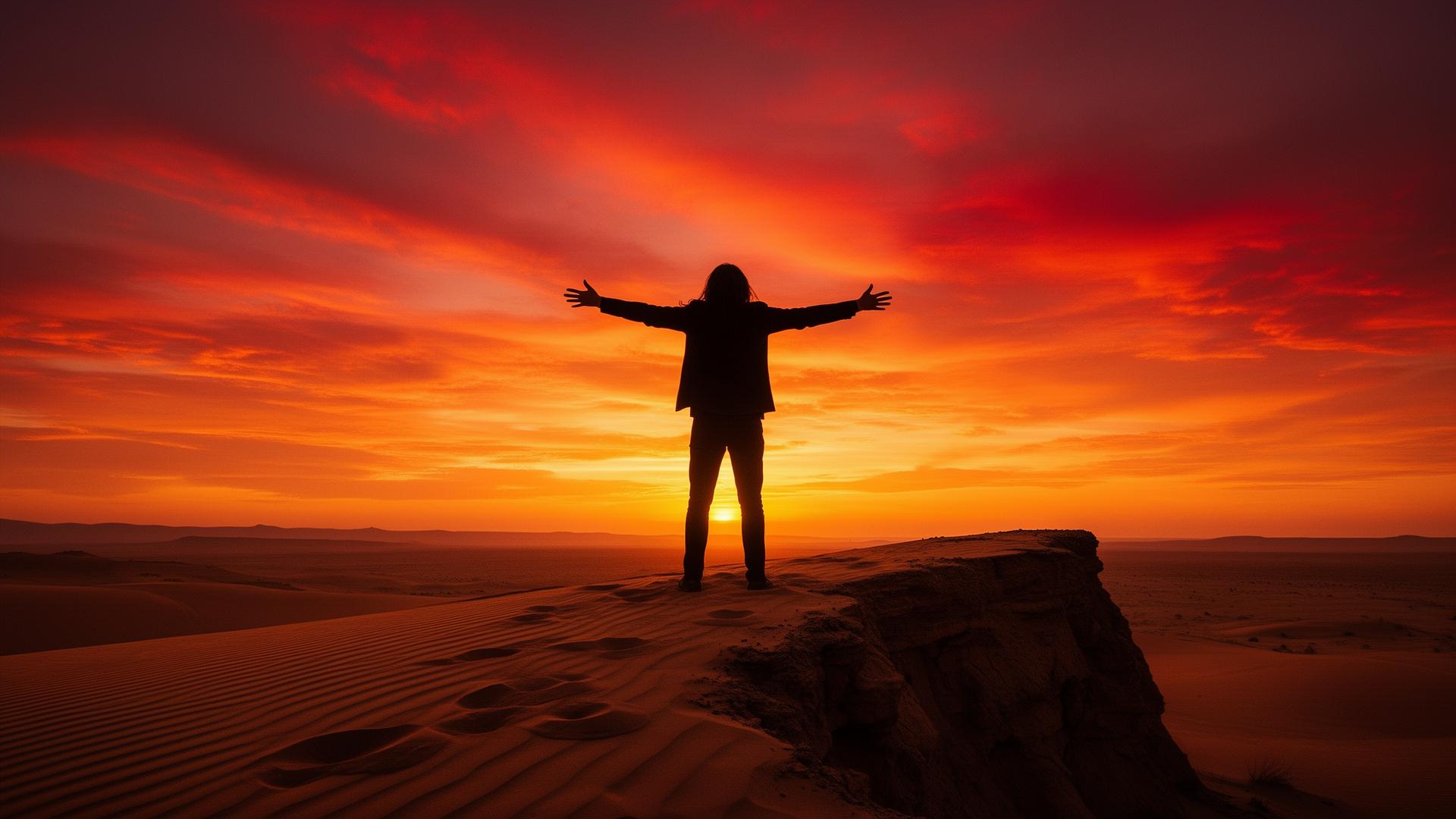 Silhouette einer Person mit ausgebreiteten Armen vor Sonnenuntergang in der Wüste